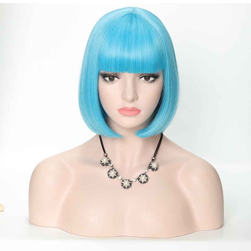 Lanyi kort lichtrood steil bobkapsel met pony synthetisch haar voor vrouwen 12 cm hittebestendige vezels dagelijkse natuurlijke pruiken: Lichtblauw