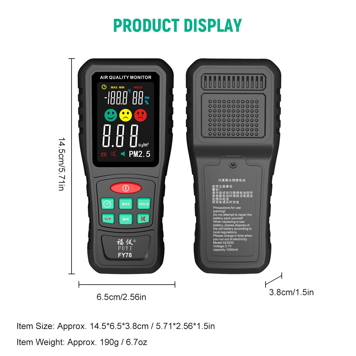 PM2.5 Temperature Humidity Air Tester Portable PM2.5 Environmental Detector Haze Particle Monitor Black FY78