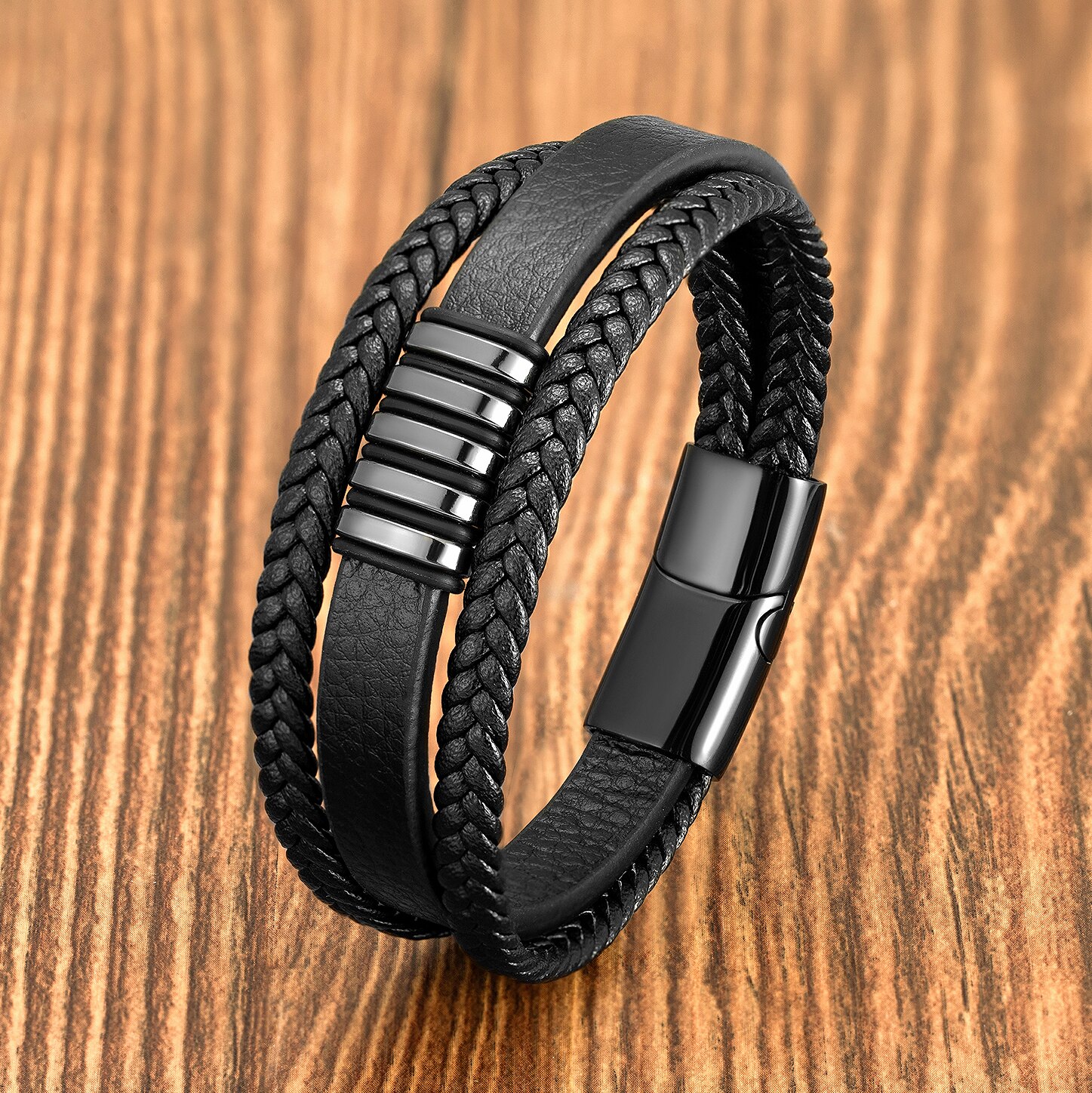 Punk Multilayer Lederen Mannen Armbanden Classic Rvs Armband Voor Mannen Charme Mannelijke Sieraden Accessoires Vriendschap: Black Metal / 23cm