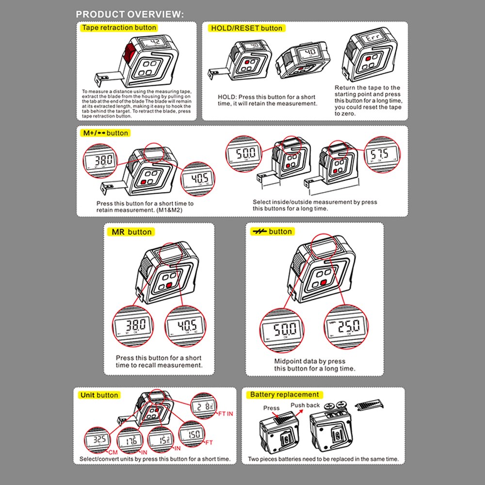 LCD Display Household Tape Measure Metric and Inch Digital Steel Tape Measure Digital Electronic Tape Measure 5m Rangefinder