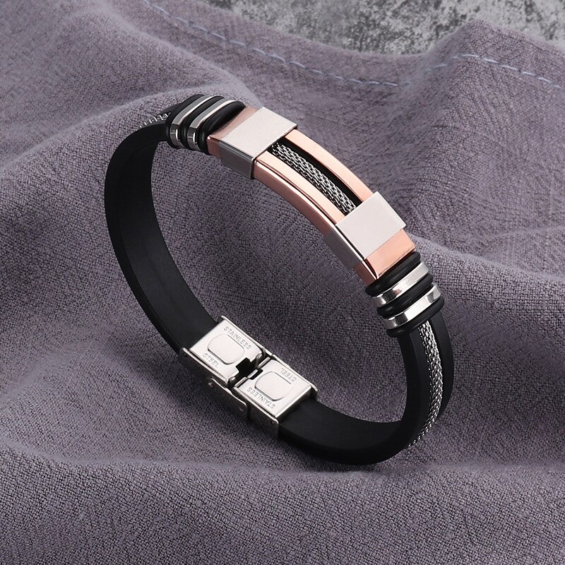 Stainless Steel Silicone Bracelet Men's Charm Metal Folding Buckle Bracelet Trend Jewelry: A21153-Rosegold