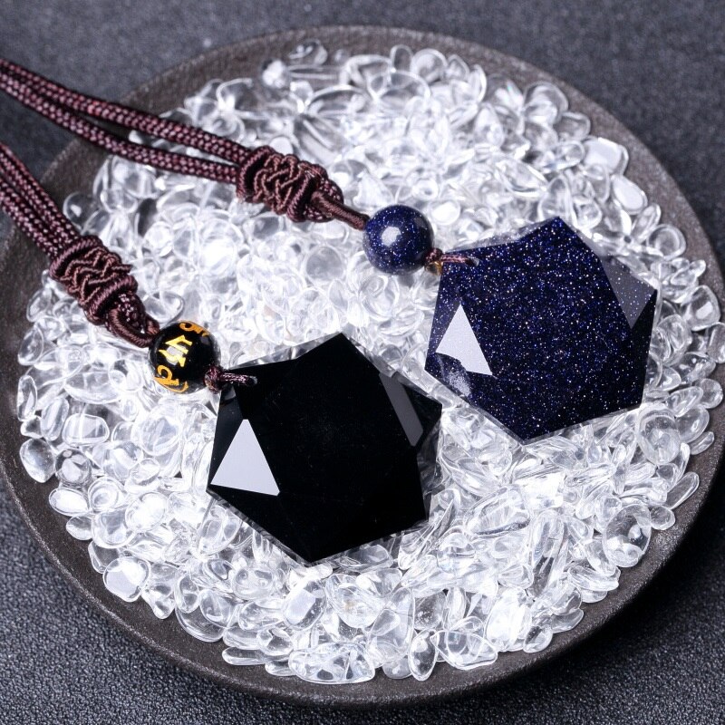 QIANXU Black Obsidian Six Awn Star Pendant Necklace Obsidian Star Jewelry Obsidian Jade Jewelry Fine Jewelry