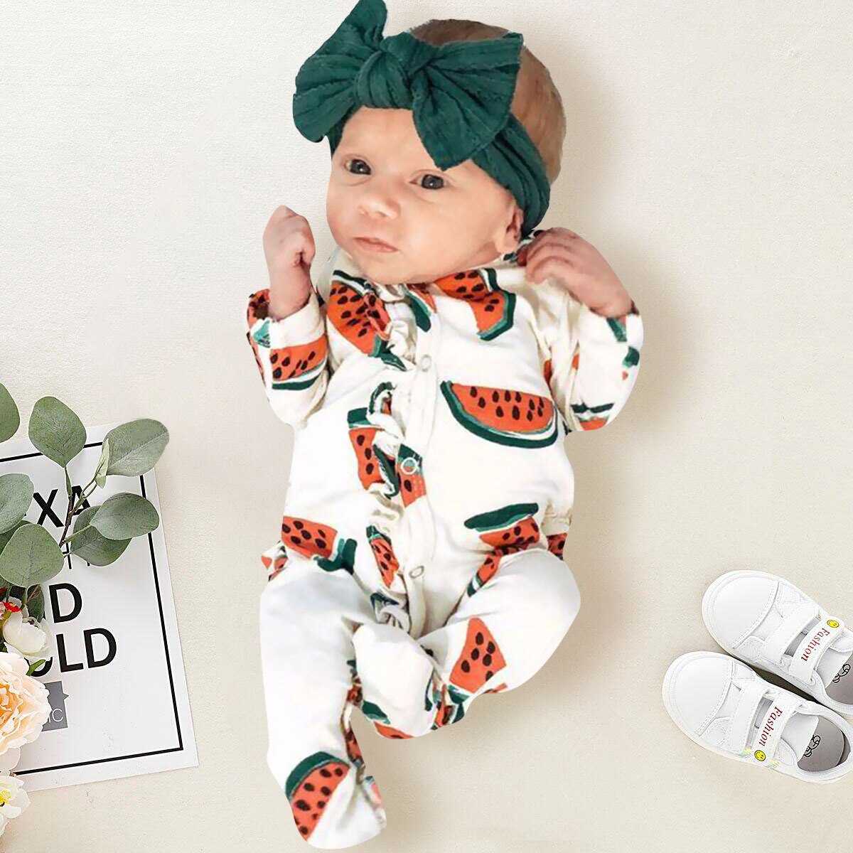 Baby Katoen Lange Mouwen Voet-Gewikkeld Romper Voor Baby Boy Schattige Watermeloen Print Een Stuk Meisje Kleding Pasgeboren jumpsuit