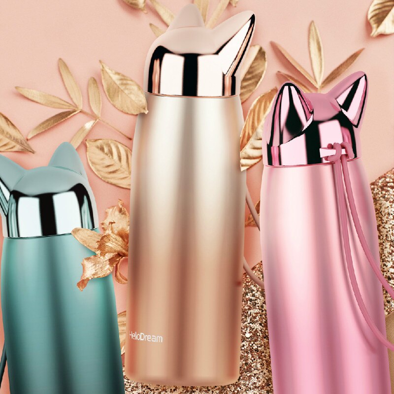 300ML Mädchen Wasser Flasche Doppel Zauberstab Thermos Edelstahl Vakuum Flaschen Nette Katze Fuchs Ohr Thermische Reise Becher artikel