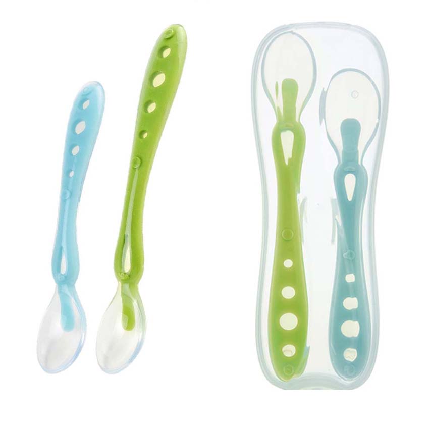 Babybestick för barn 2 skedar med bärbox flexibel matsked för barnmatande skedgaffel säkerhetsätverktyg