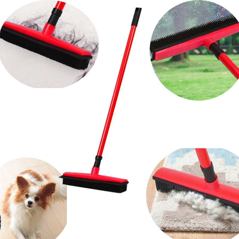 Escoba de goma telescópica para quitar pelusas de mascotas, escoba de limpieza mágica, escurridor, cerdas para rascar, escoba larga de empuje