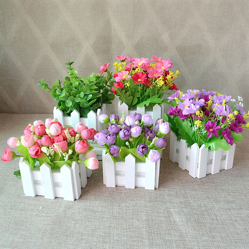 1 sett tregjerdevase + blomsterrose og tusenfryd silke kunstige blomster hjemmedekorasjon hageinnredning bursdag