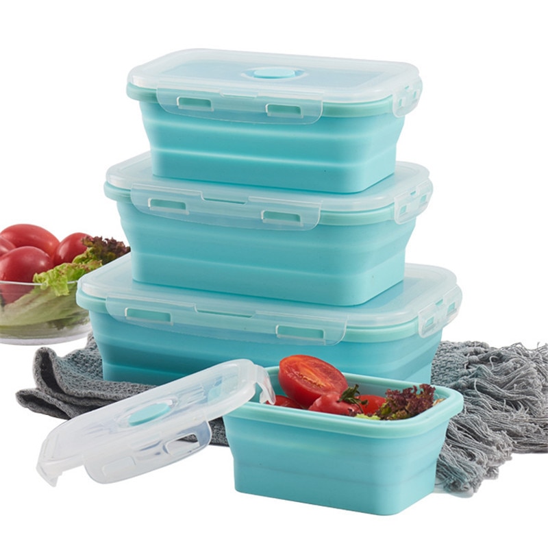 Silicone Collapsible Lunch Box Food Storage Container Bento BPA Free Microwavable Portable Picnic Camping Rectangle Outdoor Box