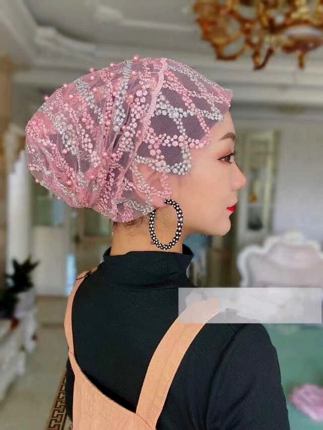Gorra árabe con cuentas y rayas cruzadas para mujer, accesorios para la cabeza para niñas, gorro informal de Dubái de Color caramelo, turbante: Dark Pink