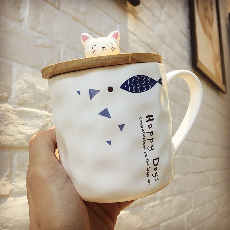Japansk stil sød enkel tegneserie kat og fisk mærke keramisk krus med ske & dæk sæt morgenmælk krus: Design c