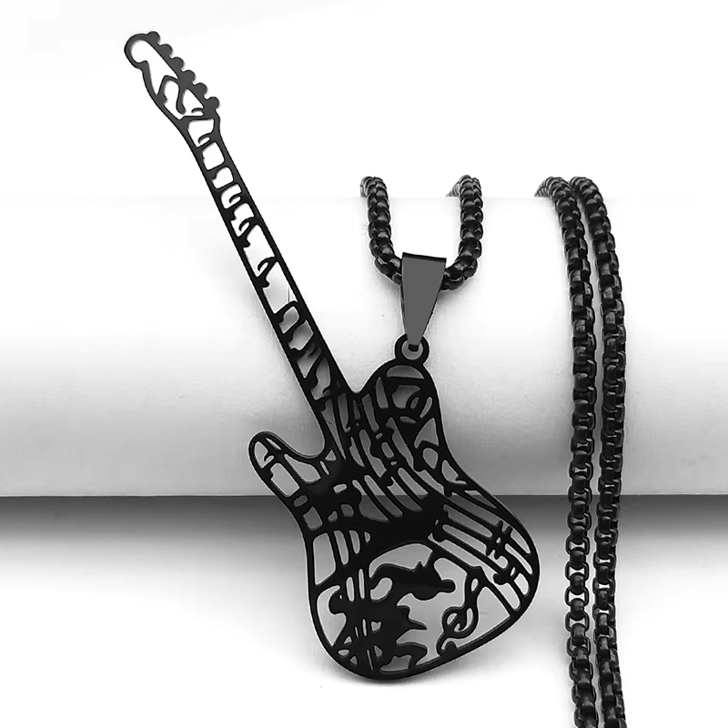 Collana con ciondolo plettro per chitarra musica rock musicale per donna/uomo Collare per gioielli regalo per feste con catena per basso musicale punk in acciaio inossidabile: Rhodium placcato