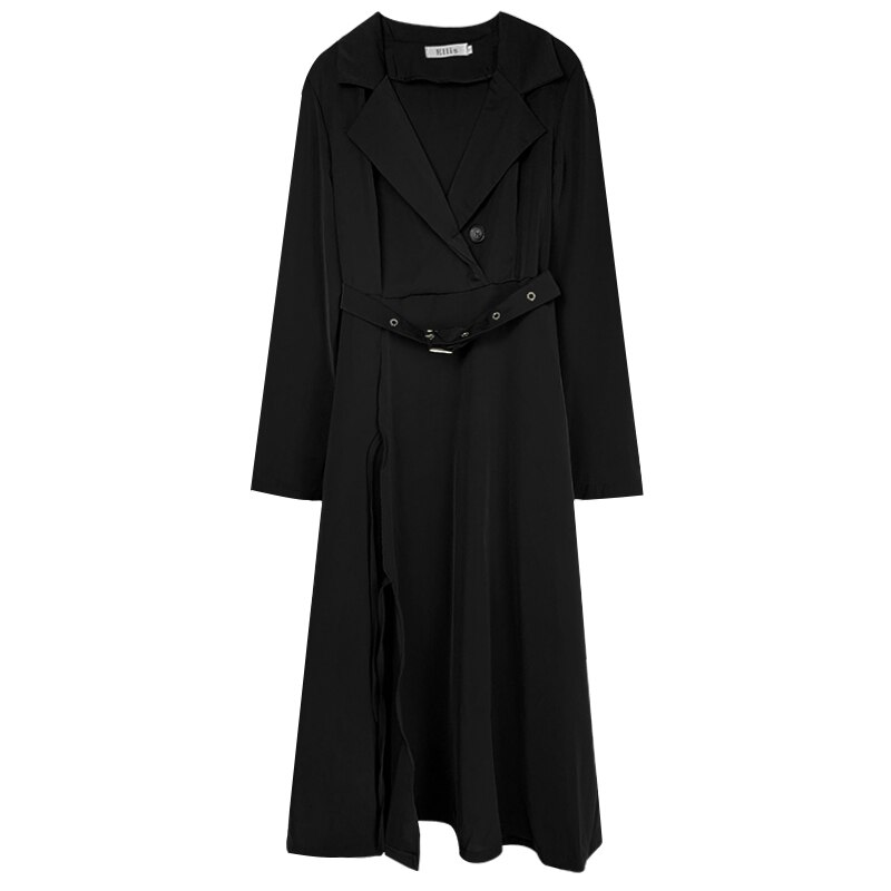 Vintage punk bandage maxi klänningar för kvinnor streetwear balck lång kavaj klänning med skärp koreansk stil långärmad klänning