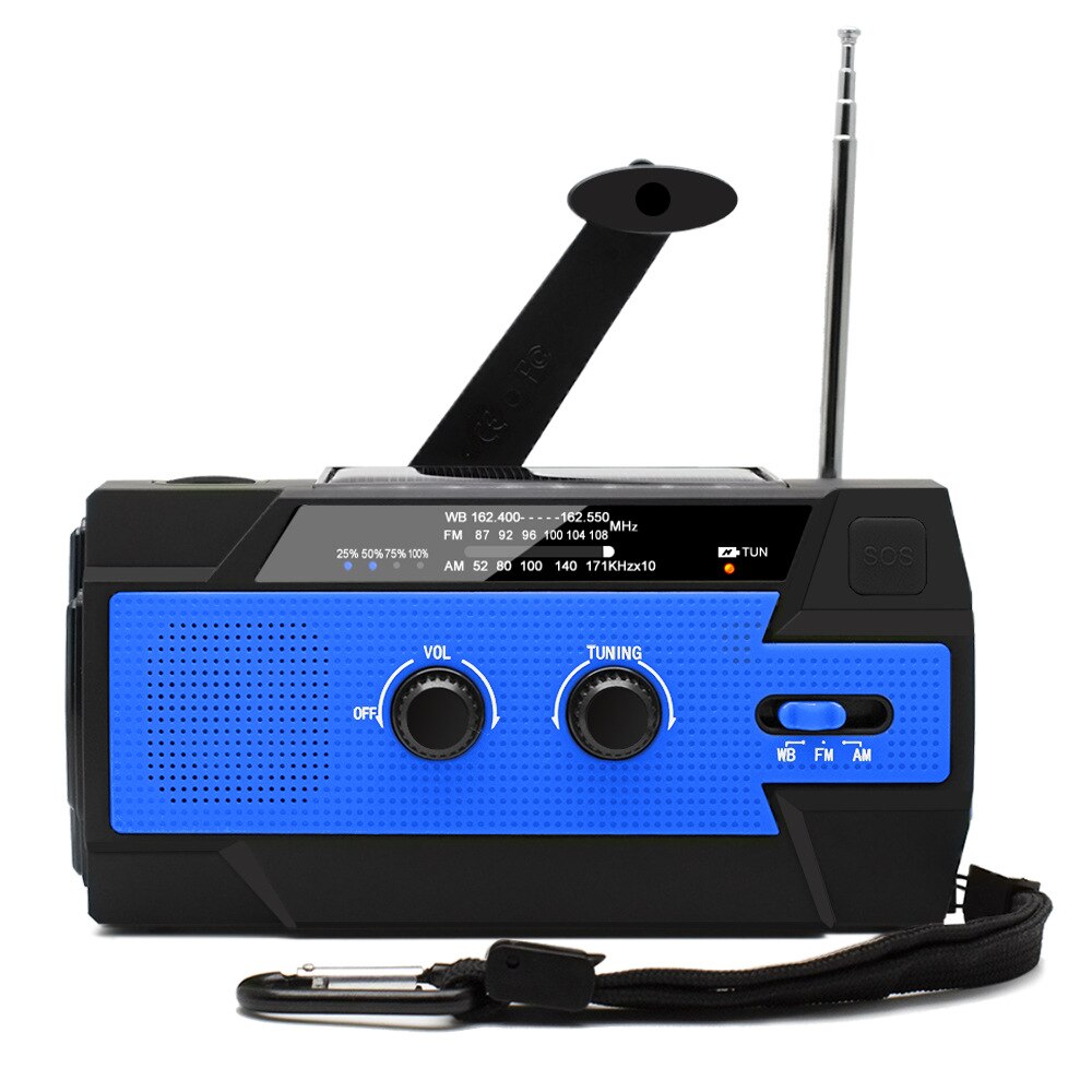 Multifunctional Radio Hand Crank Solar Crank Dynamo Powered AM/FM/WB Weather Radio with Led Lights 4000 MAh Power Bank SOS: Blue