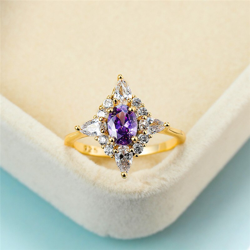 Female Crystal Purple Oval Ring Cute Yellow Gold Thin Wedding Rings For Women Bridal Geometric Engagement Ring