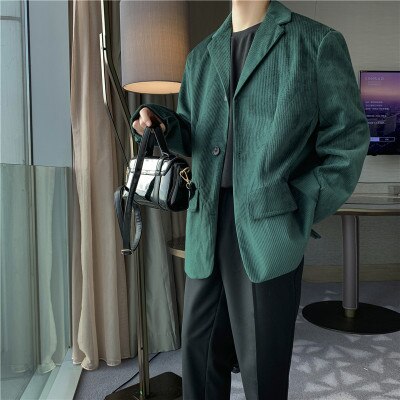Abrigo informal holgado Estilo Vintage coreano para hombre, traje polar con dos botones, chaqueta de Color sólido con Bolsillo grande: Green / XXL