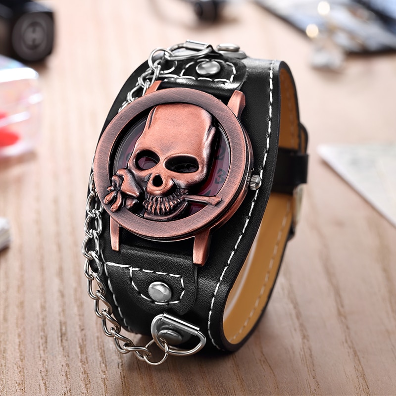 O. T. SEA Rose Skull cuarzo relojes estilo punk cuero de lujo reloj deportivo Relogio Masculino 1831-5