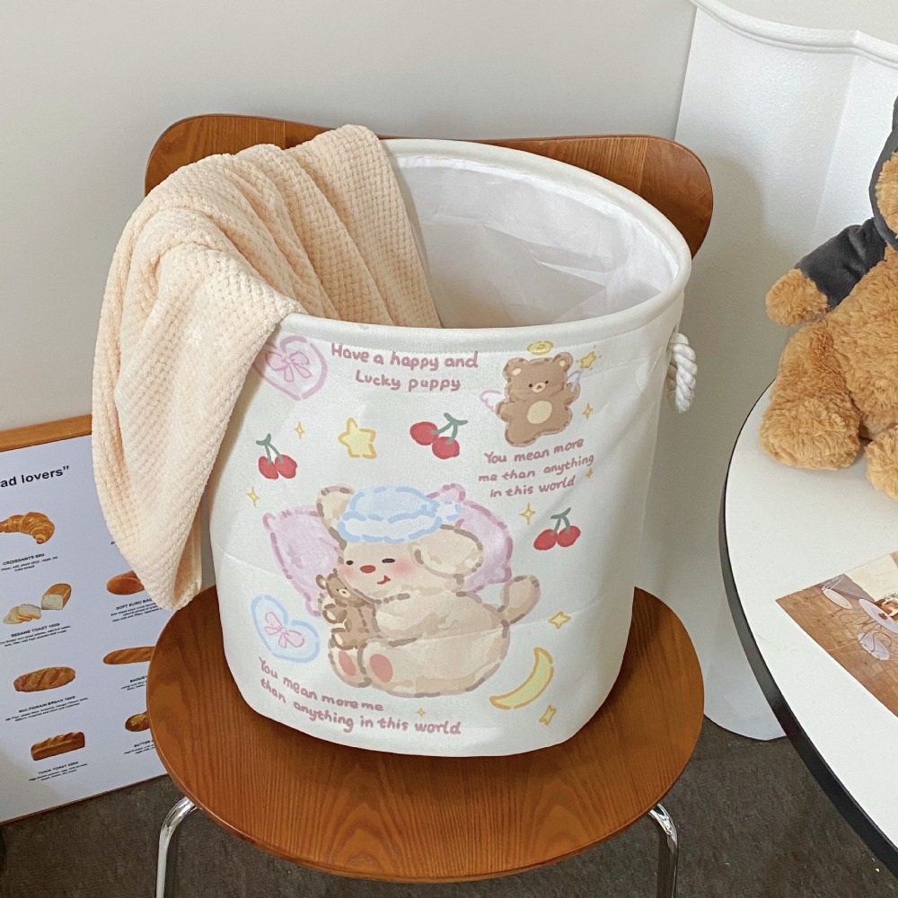 Mignon avec poignées panier à linge grande capacité dessin animé ours lapin jouets panier de rangement pliable rond panier à vêtements chambre: Marron