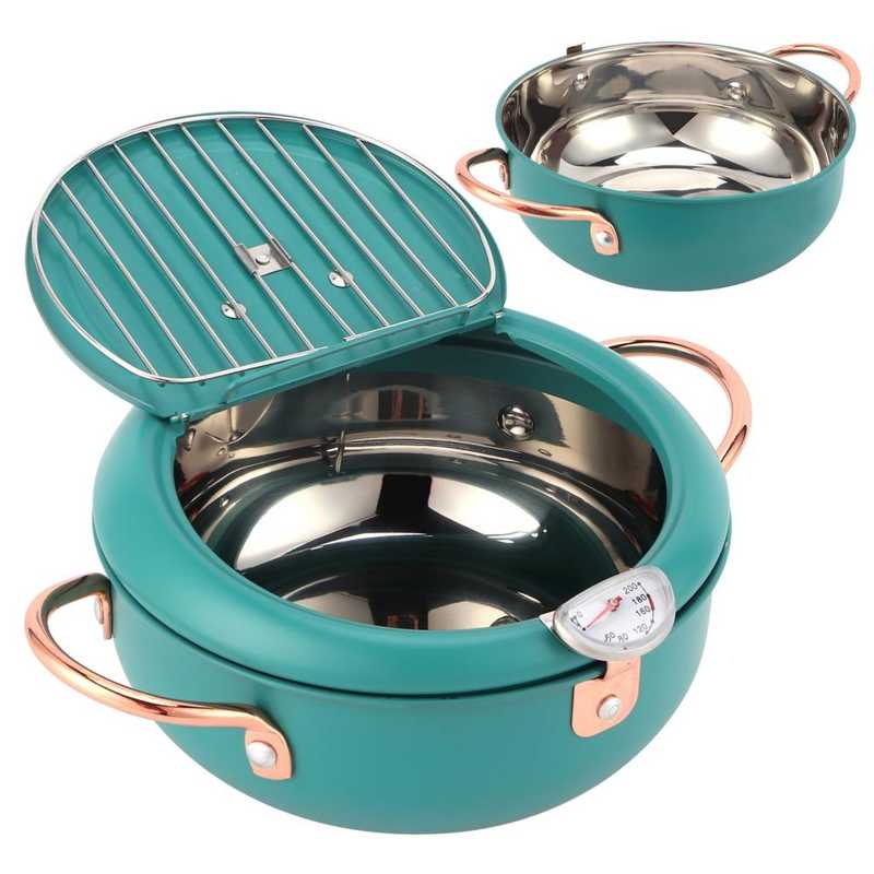 Frying Pot with Thermometer Japanese Stainless Steel Deep Fryer Pan for Induction Cooker Deep Green Kitchen Utensils