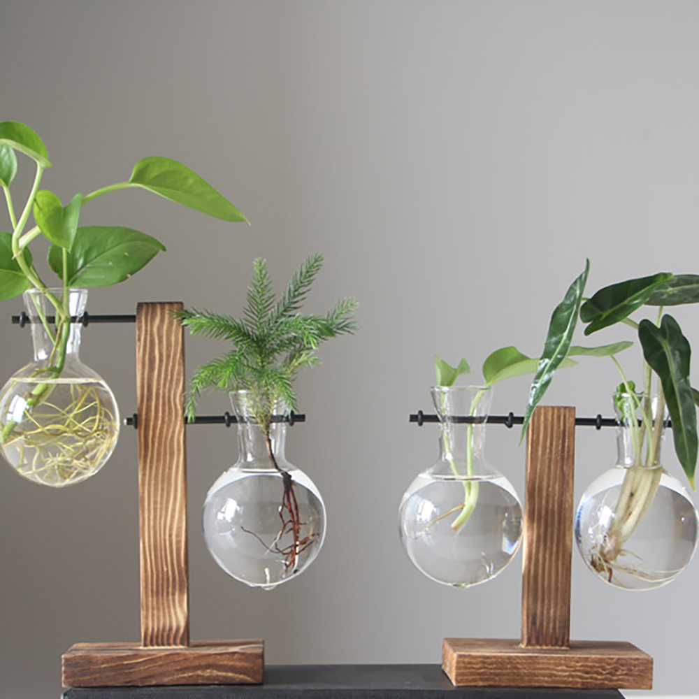 Terrarium Planter Bulb Glass Vase Water Planting Propagation Stations Hydroponics Plants With Wooden Stand Garden Wedding Decor