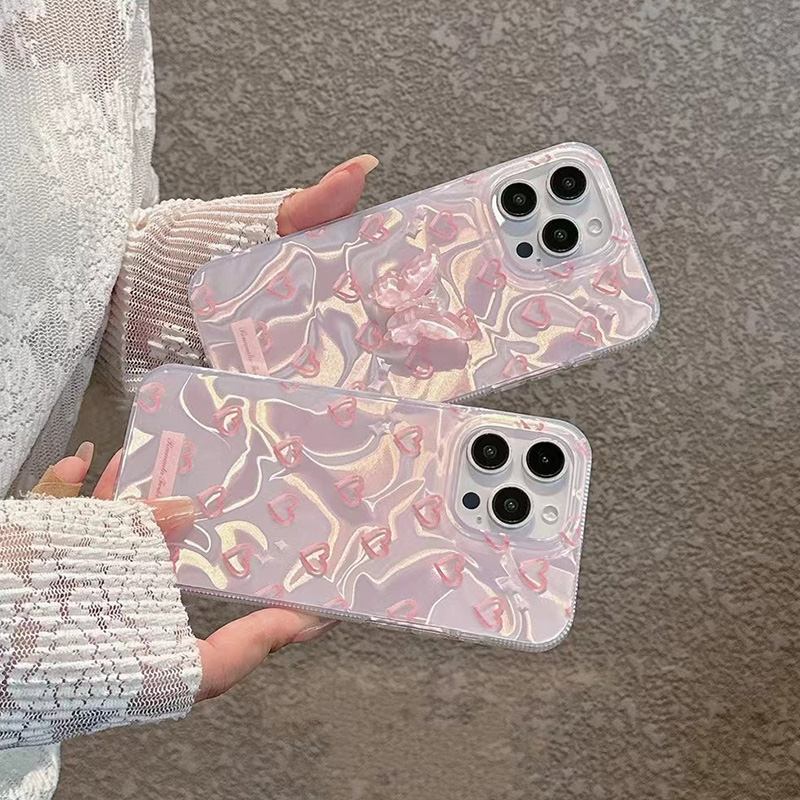 Para iPhone 15 Pro 16 Plus 14 Pro Max 13 12 11 X XS XR 7 8 SE romántico corazón rosa mariposa brillo forro duro alta funda de teléfono