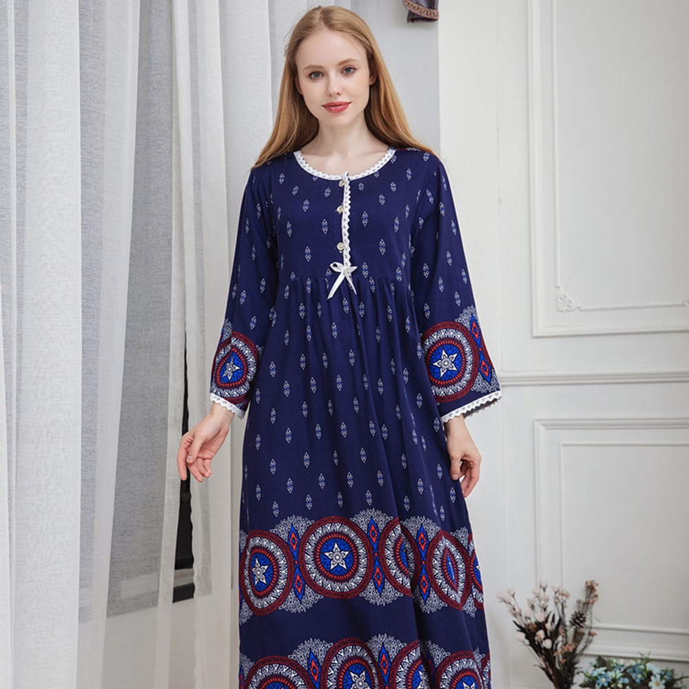 nouvelles femmes coton longue vêtements de nuit ample-fit princesse imprimé fleuri chemise de nuit grande taille maison robe pour dormir M à XXL: Navy Color / M