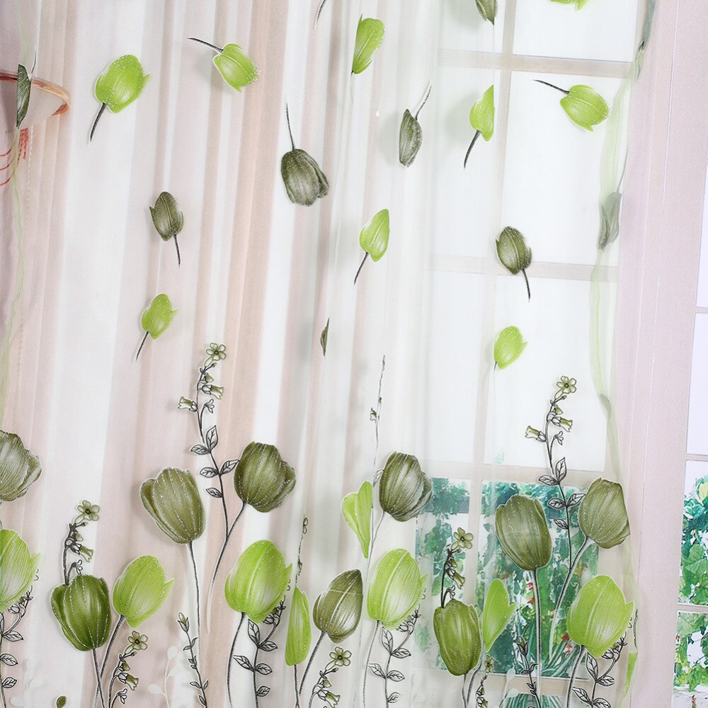Køkken gardin tulipaner tyl gardiner gennemsigtigt drapere balkon soveværelse vindue dekoration 100*200cm tyl gennemsigtigt tryk gardin