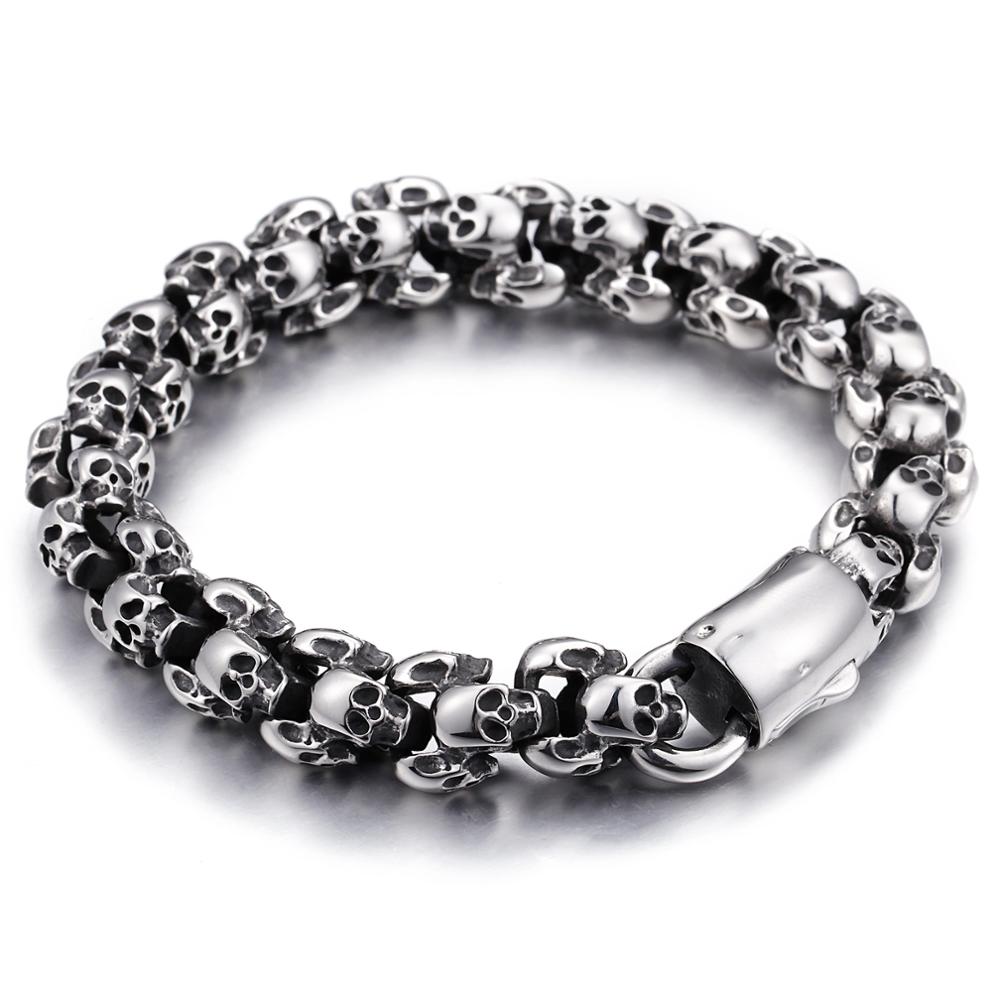 Pulseras de calavera Punk de 12mm para hombre, cadena de eslabones con dije de León y esqueleto de acero inoxidable 316L, joyería gótica masculina