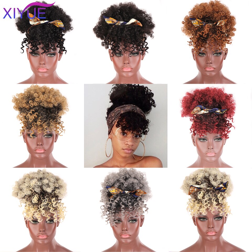 Frange synthétique Afro courte crépue bouclée avec cordon de serrage, Chignon Afro court, queue de cheval crépue bouclée avec frange, Extension capillaire