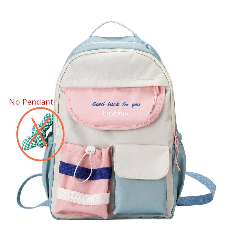 Fengdong teenage girls waterproof school backpack student high school bags female black notebook backpack girl large book bag: Blue-No Pendant