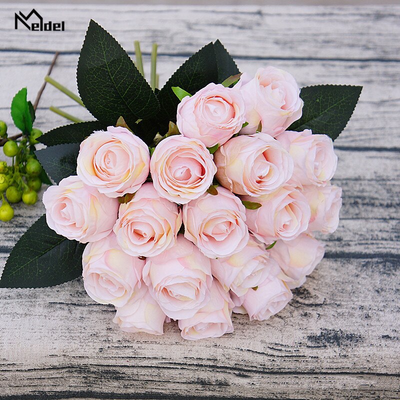 18 hoveder kunstige roser blomsterbuket små silke roser bryllup brude buket diy hjemmekontor bord blød dekor silke blomster