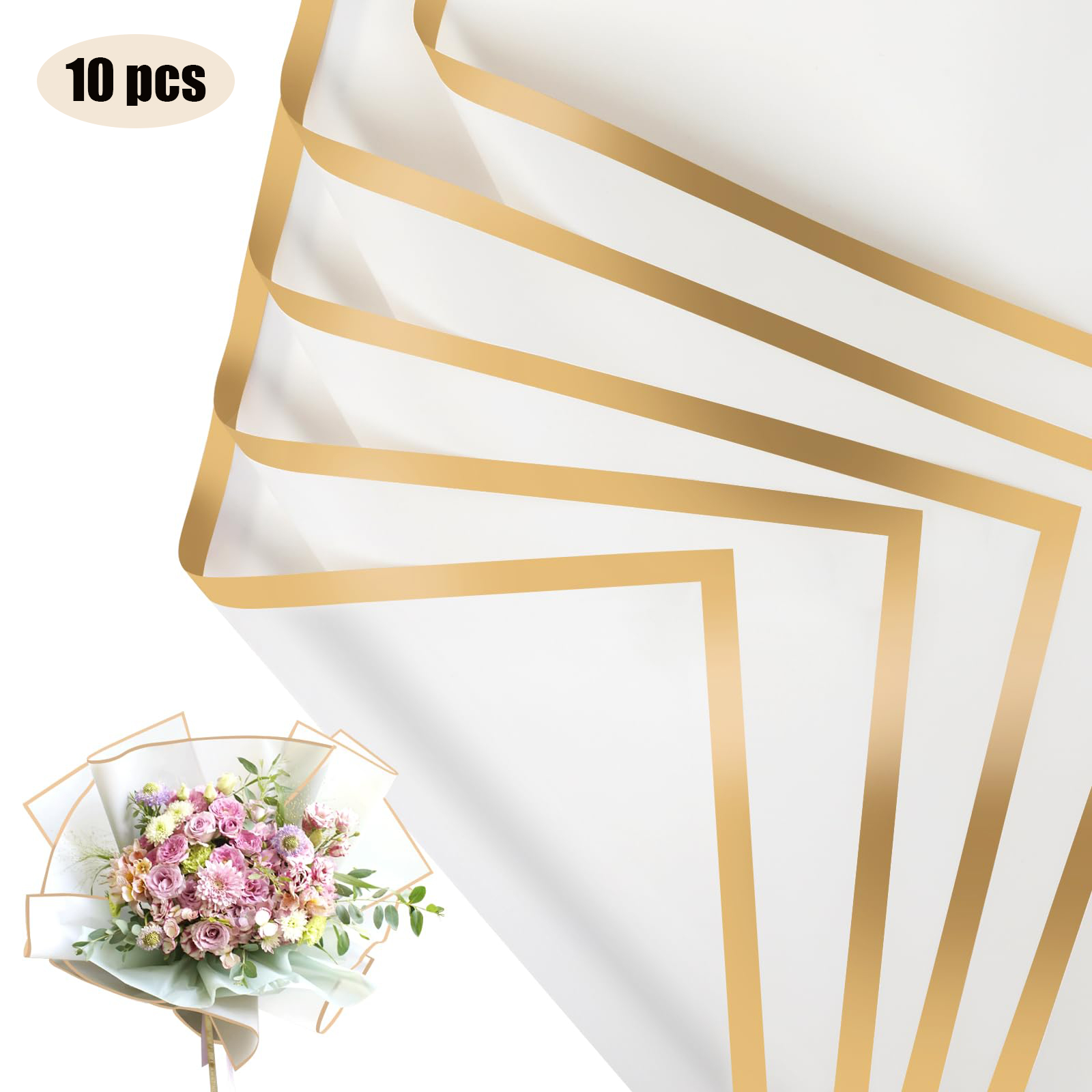 10 Sheets Flower Wrapping Paper with Golden Edges, Waterproof Bouquet Packaging - Ideal for DIY Weddings & Birthdays: Multi-Colored