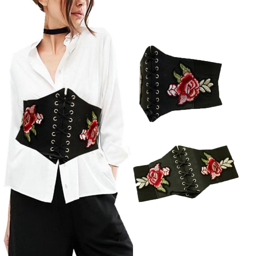 Fashionable Women’s Lace Tie Up Corset Ladies Wide Waist Waistband Rose Embroidered Black Leather Belt