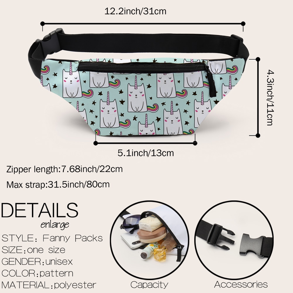 Deanfun 3d trykte midjevesker søt unicorn cat fanny pack for kvinner belte bag for reiser  d18013