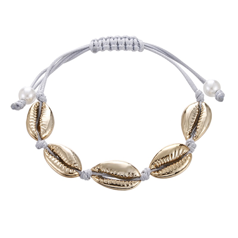 Boheme naturlig sea shell armbånd ankel hånd strik reb elastisk beaded pulseira diy strand smykker tilbehør sommer kvinder: Grå guld
