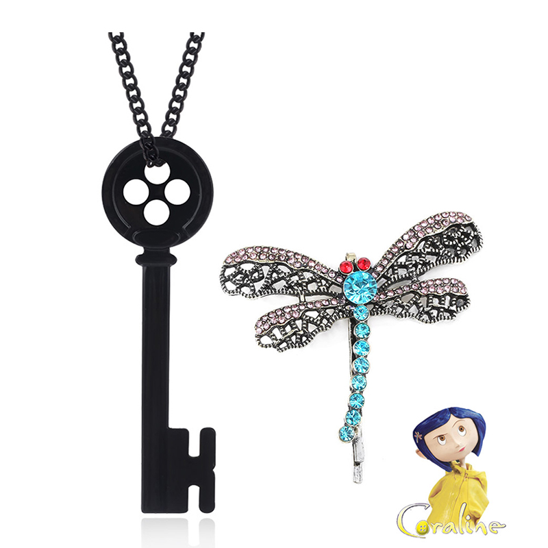 Film Coraline Halskette Grüner Sichtstein Anhänger Halskette Seilkette Schwarzes Skelett Schlüsselhalsband Libelle Haarnadel Schmuck: Gold-farbe