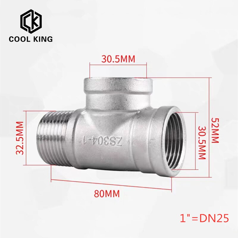 Dn8/dn15/dn25/dn32 han+han+hun gevind 3 -vejs tee t rørfitting 1/4 &quot; 1/2 &quot; 3/4 &quot; 1 &quot; 1-1/4 &quot; bsp gevind 304 rustfrit stål: Mxfxf / 3/4 "