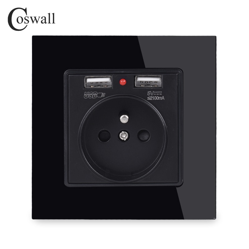 Coswall krystallglasspanel dobbel usb-ladeport 2.1a veggladeradapter ledet-indikator 16a fransk strømuttak svart farge