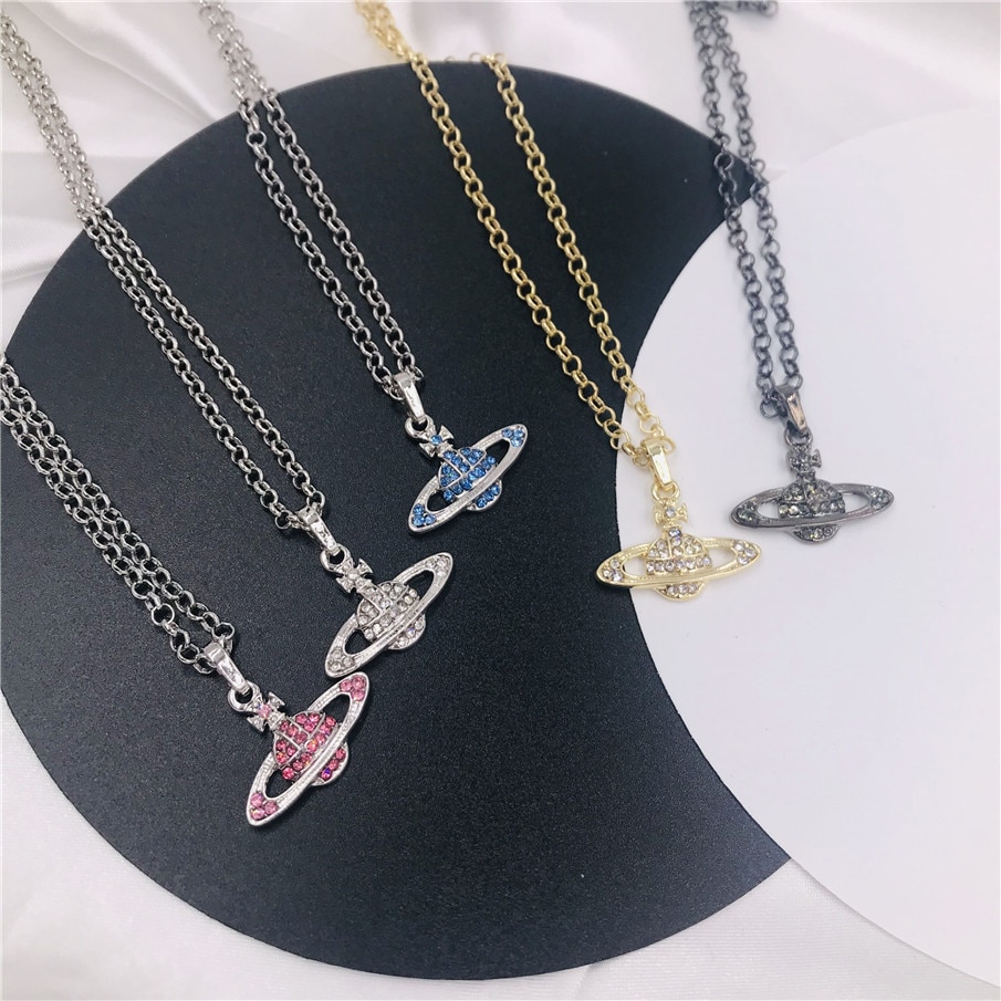 Colgantes nuevos de Zirconia cúbica con colgante de corazón y Planeta, collar con cadena de cristal de Saturno para mujer, joyería de