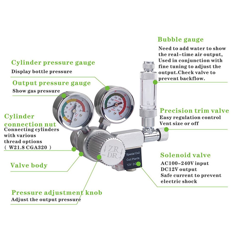 Aquarium CO2 Regulator Adjustable CO2 Pressure Regulator with Solenoid Large Double Pressure Gauge Bubble Counter Check Valve