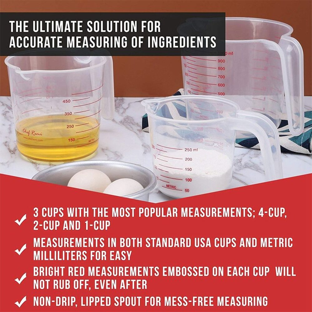 Jarra medidora de plástico para cocina, taza medidora de superficie con boquilla, graduada para hornear, medida líquida, 250/500/1000ML, 3 uds.