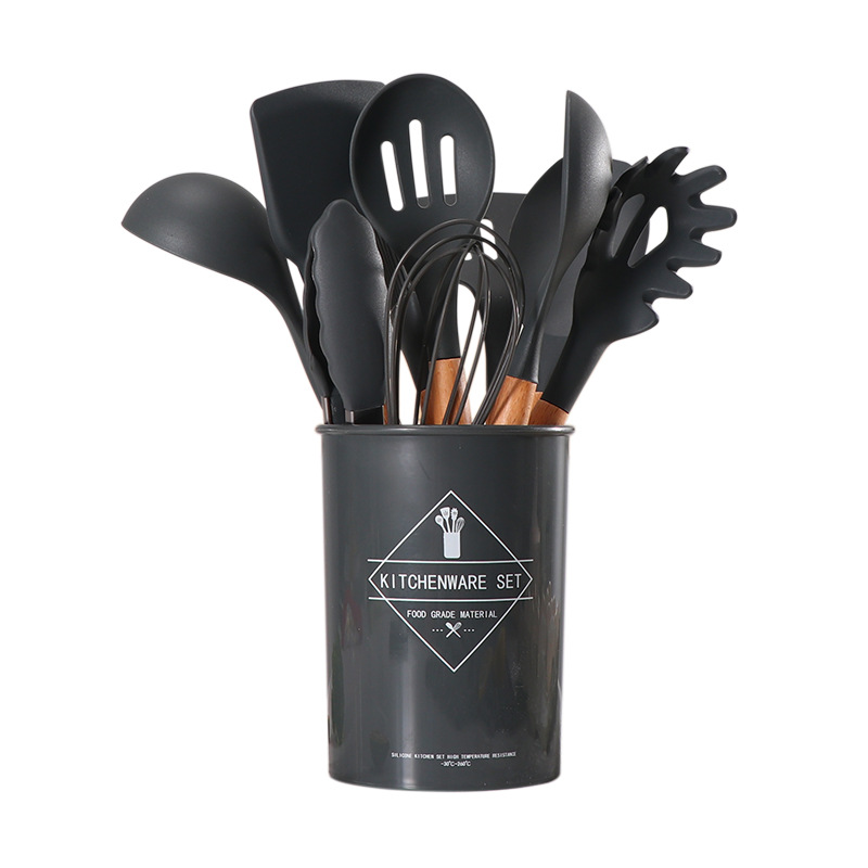 12 Pçs Siliconen Utensílio De Cozinha Conjunto Bpa Livre Não Tóxico Utensílios De Cozinha Alça De Madeira Com Caixa De armazename: Light Grey