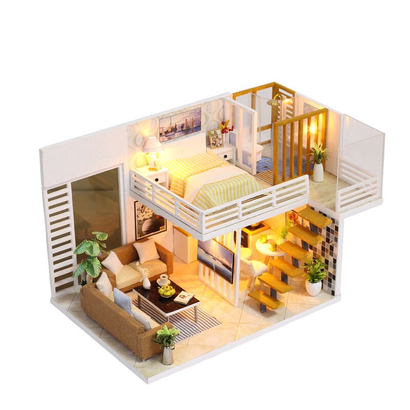 Kreative 3D Süße Mini Doppel Eintrag Haus DIY Luxus Küche Wohnzimmer Schlafzimmer Schlecht Mit Lichter Puppe Haus Handgemachtes