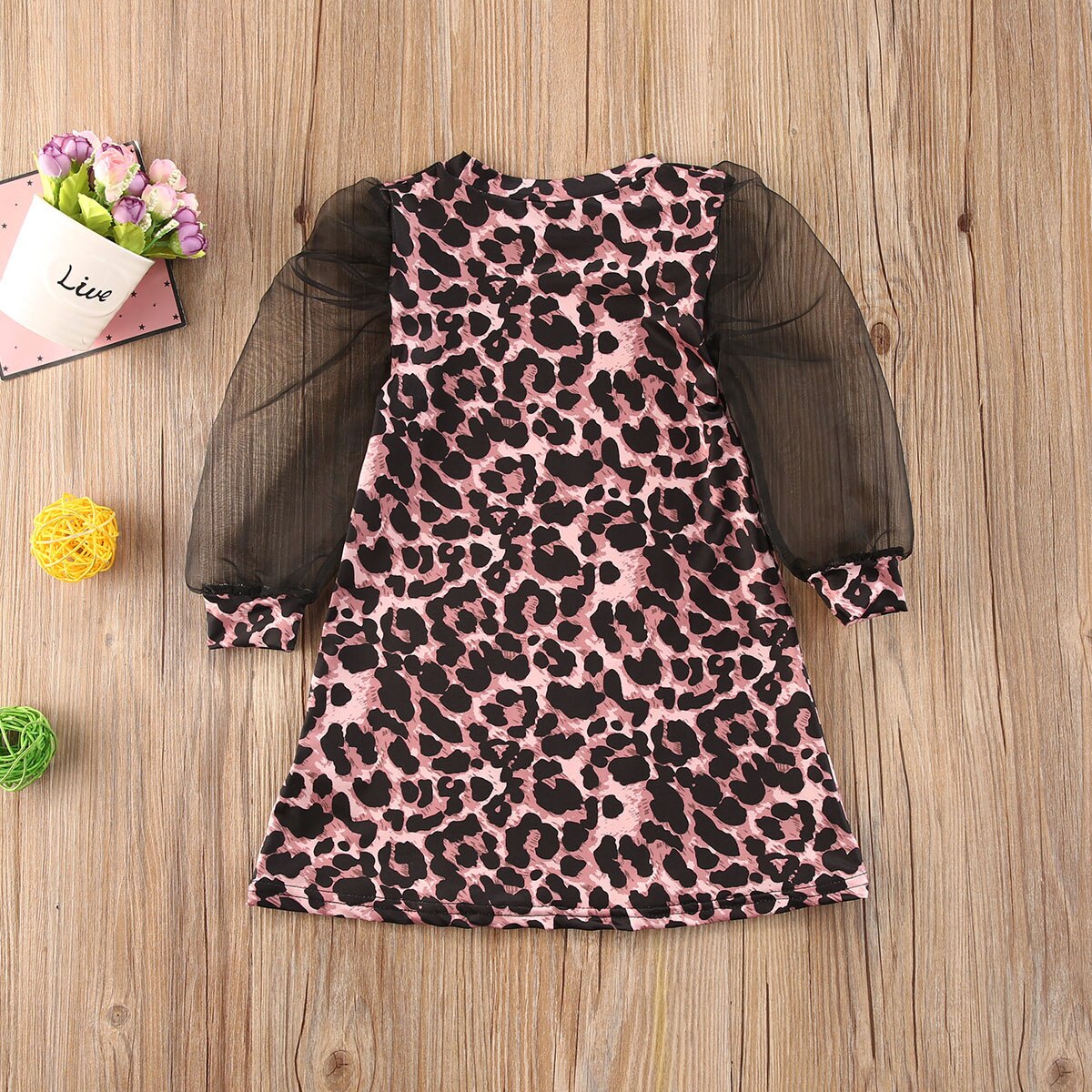1-6Y vestido de para niñas pequeñas vestido estampado de leopardo largo de encaje Puff manga hasta la rodilla vestido de línea a