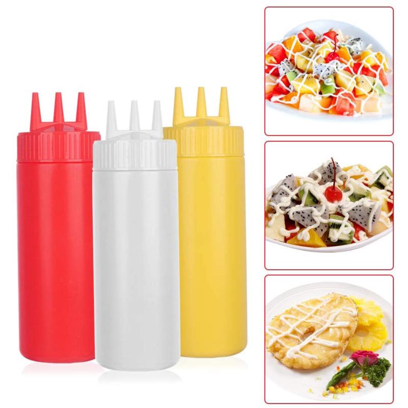 3 Holes 800ML Twist Cap Squeeze Bottle Food Grade Plastic Ketchup Mustard Mayo Sauces Olive Oil Bottles Kitchen Gadgets