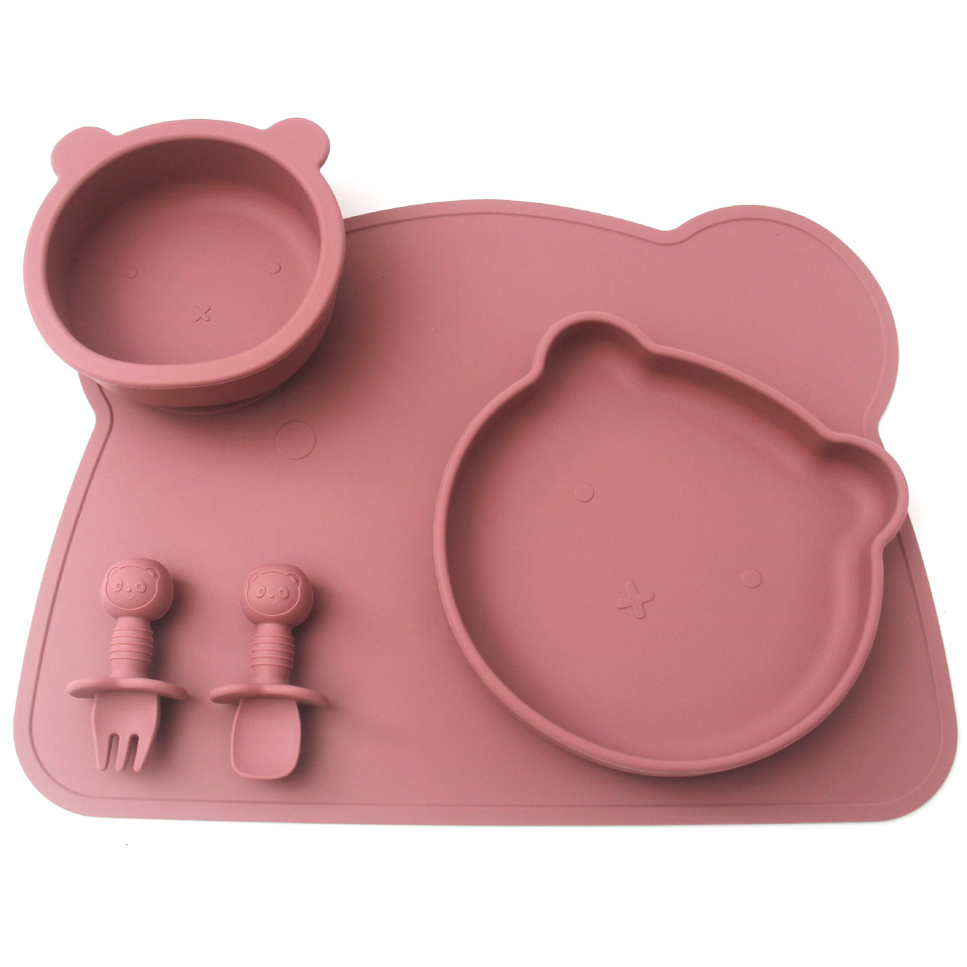 Babyvoeding Kom Plaat Lepel En Vork Set Food Grade Siliconen Antislip Baby Siliconen Servies Bpa Gratis Siliconen kauwen Gerechten: bean red