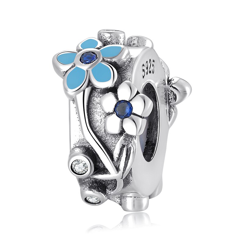 Reale 925 sterlina d'argento Blu dimenticare me non fiori CZ Fermacorda E Ganci Misura Branelli del Distanziatore Originale Braccialetto Europeo di Fascino Monili che fanno