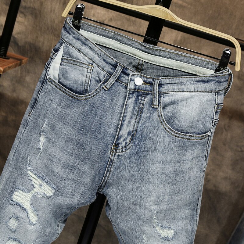 Zerrissene Jeans für Männer Dünne Licht Blau Grau strecken Dünne Bein Streetwear betrübt Moto Radfahrer Jeans Männlichen Denim Hosen Hüfte hüpfen