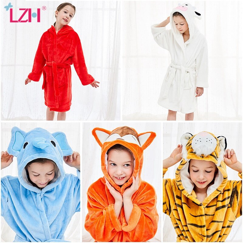 LZH-peignoir en flanelle pour enfants, garçons et filles, pyjama, à manches longues, motif Animal mignon, à capuche