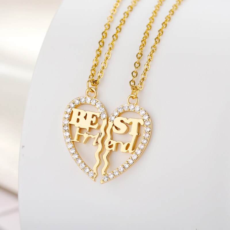 2 pieces zircon spliced love heart necklaces for women stainless steel gold letter best friend necklace boho jewelry friendship