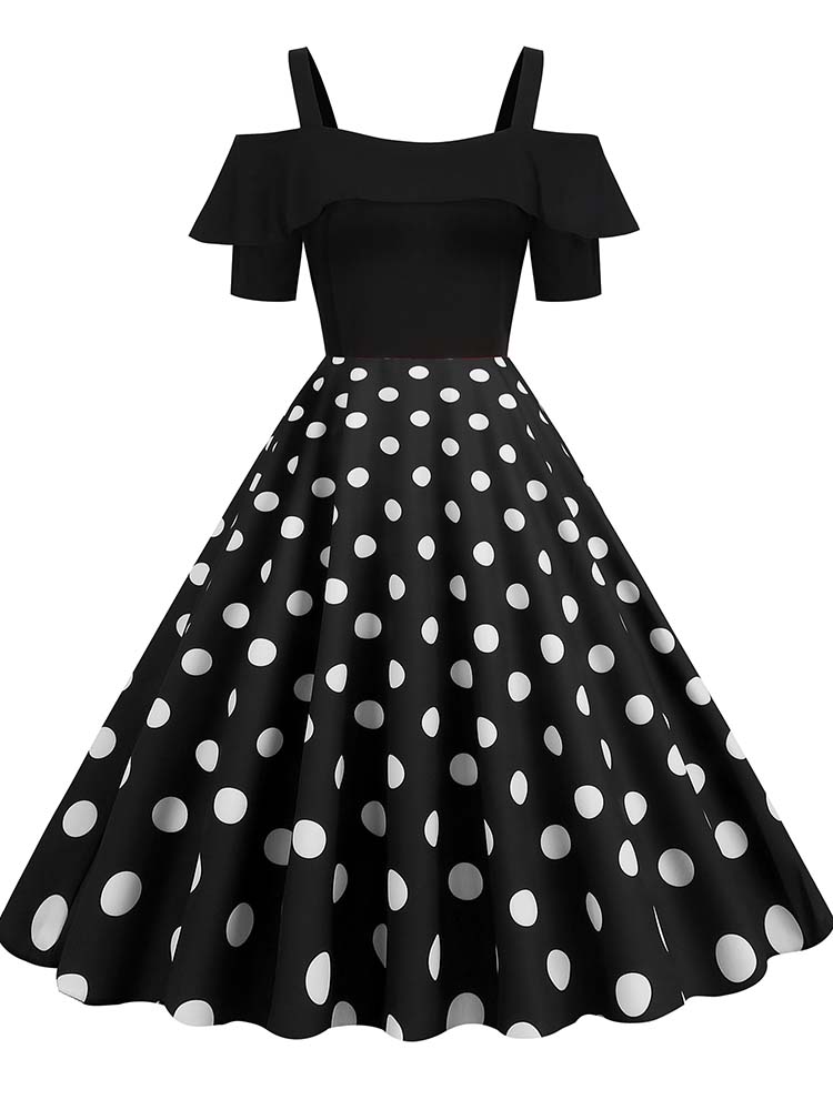 Vestido de Vintage con hombros descubiertos, vestidos Midi de línea A con volantes y lunares de verano para mujer